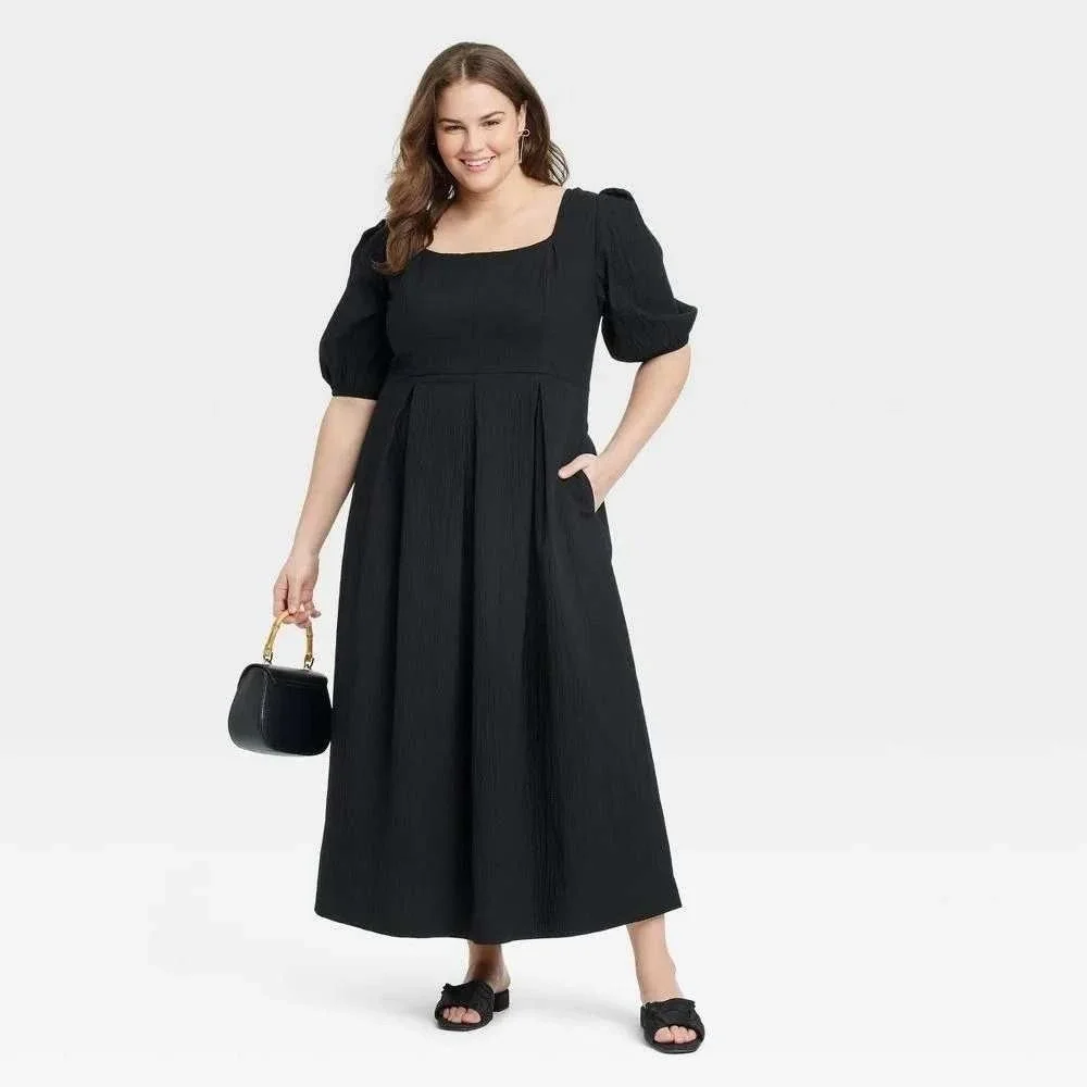 Black Milkmaid Square Neck Crinkle Puff‎ Sleeve Maxi Dress Size Large Cottage